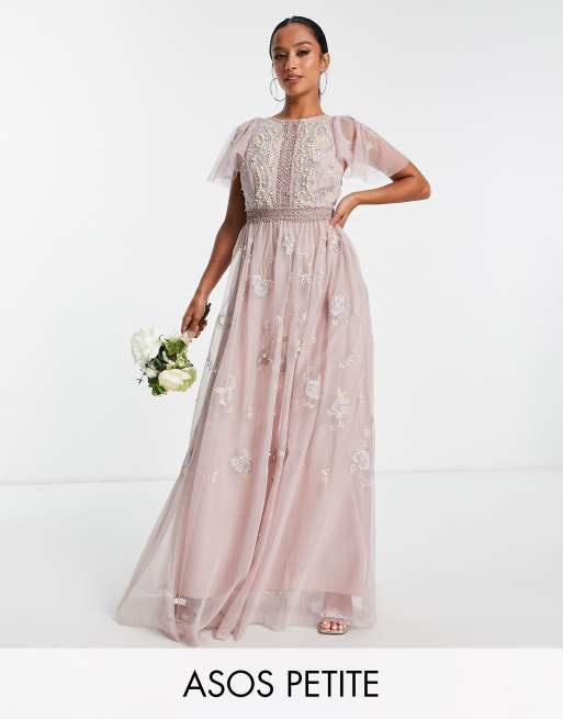 ASOS DESIGN Petite Bridesmaid pearl embellished flutter sleeve maxi ...