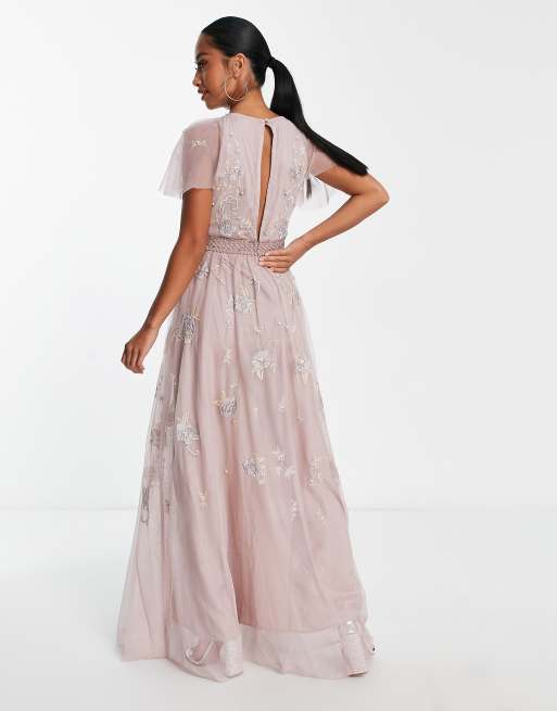 ASOS DESIGN Maternity Bridesmaid pearl embellished maxi dress with floral  embroidery in rose