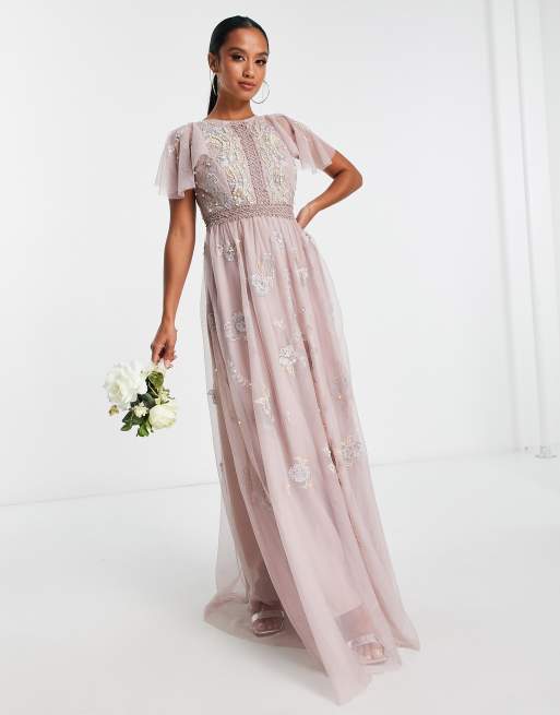 ASOS DESIGN Petite Bridesmaid pearl embellished flutter sleeve