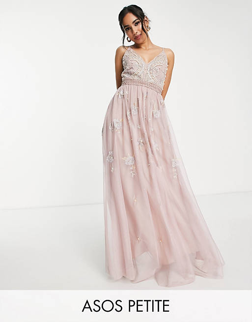 asos.com | Bridesmaid – Perlenbesetztes Maxi-Trägerkleid mit Blumenstickerei in Rosé