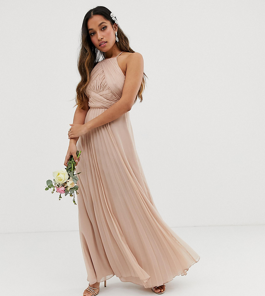 ASOS DESIGN Petite Bridesmaid pinny maxi dress with ruched bodice-Pink