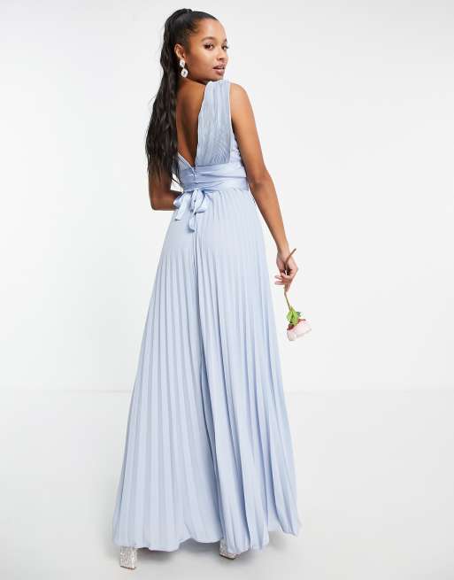 ASOS DESIGN Petite Bridesmaid pleated cami maxi dress with satin wrap waist in blue