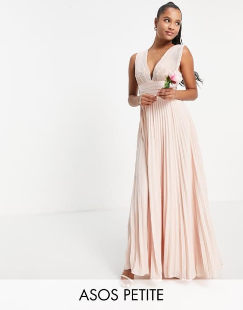 ASOS DESIGN Petite Bridesmaid pleated cami maxi dress with satin wrap waist in blush - view 1