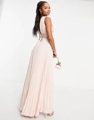 ASOS DESIGN Petite Bridesmaid pleated cami maxi dress with satin wrap waist  in blush | ASOS