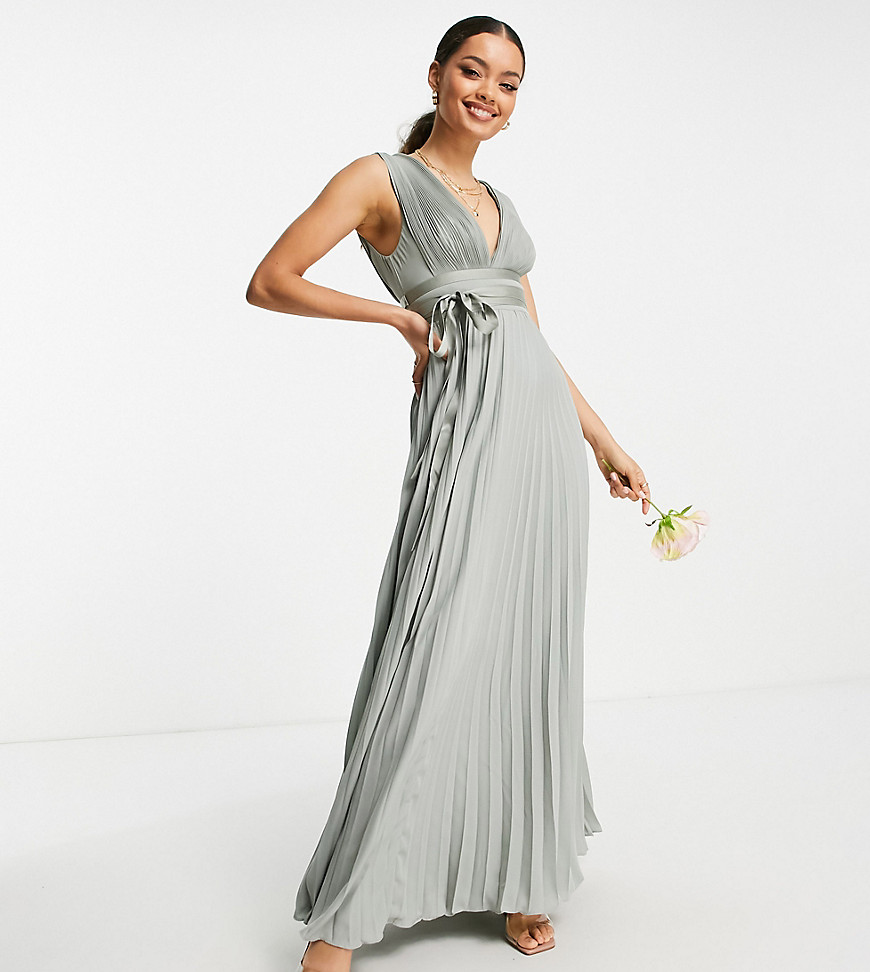 Asos Design Petite Bridesmaid Pleated Cami Maxi Dress With Satin Wrap Waist In Olive-Green
