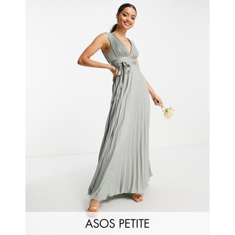 ASOS DESIGN Petite Bridesmaid pleated cami maxi dress with satin wrap waist  in olive