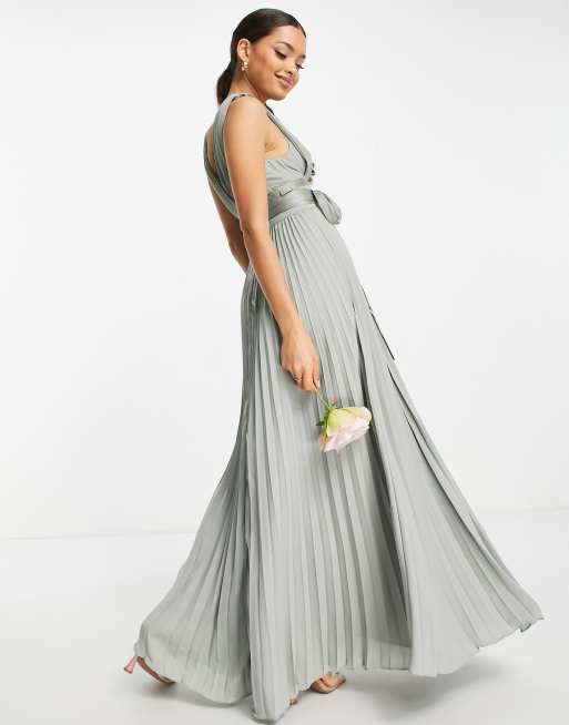 ASOS DESIGN Petite Bridesmaid pleated cami maxi dress with satin wrap waist in olive