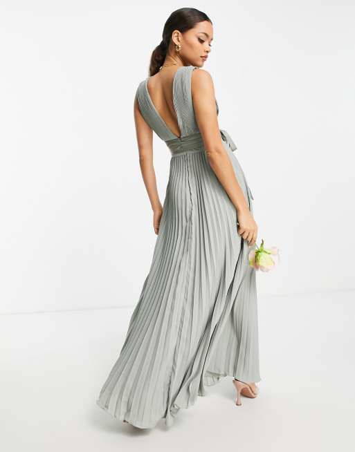 ASOS DESIGN Petite Bridesmaid pleated cami maxi dress with satin wrap waist in olive