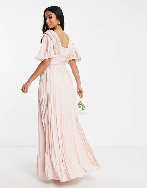 ASOS DESIGN Bridesmaid pleated flutter sleeve maxi dress with satin wrap  waist