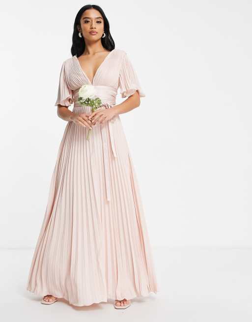 ASOS DESIGN Petite Bridesmaid pleated flutter sleeve maxi dress with satin  wrap waist blush | ASOS