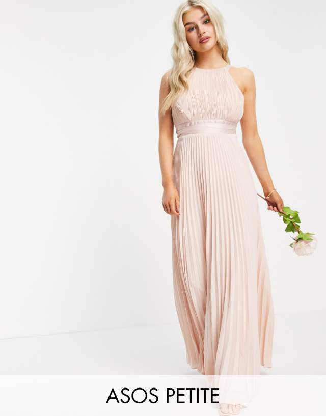 ASOS DESIGN Petite Bridesmaid pleated maxi apron dress with satin wrap waist