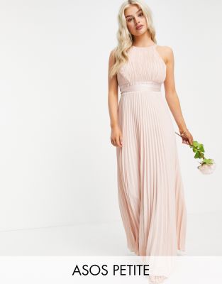 ASOS Petite ASOS DESIGN Petite Bridesmaid pleated pinny maxi dress with satin wrap waist-Pink