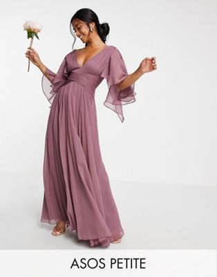 ASOS DESIGN Petite Bridesmaid ruched bodice drape maxi dress with wrap waist and flutter cape sleeve in mauve-Purple