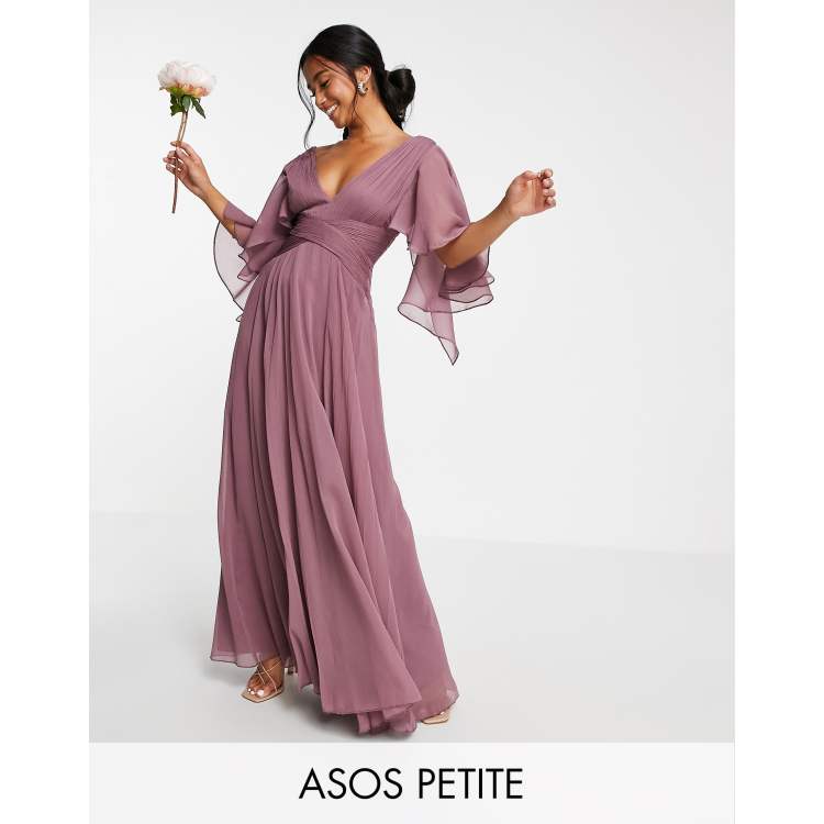 ASOS DESIGN Petite Bridesmaid ruched bodice drape maxi dress with wrap  waist and flutter cape sleeve in mauve