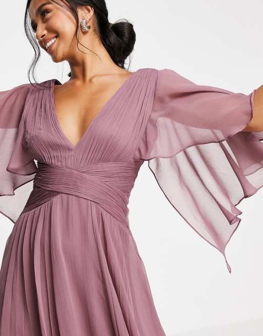 ASOS DESIGN Bridesmaid ruched bodice drape maxi dress with wrap waist and  flutter cape sleeve - ShopStyle