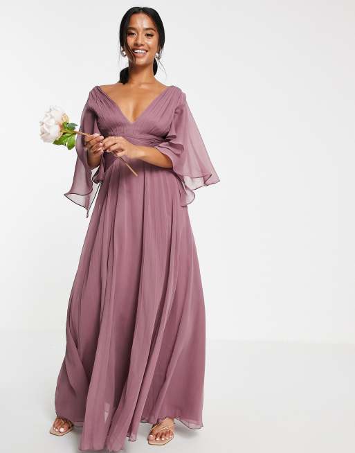 ASOS Tall ASOS DESIGN Tall Bridesmaid ruched waist maxi dress with long  sleeves and pleat skirt in Mauve - ShopStyle