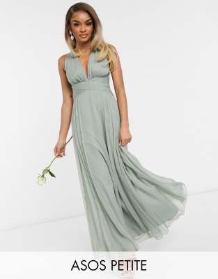 ASOS DESIGN Petite Bridesmaid ruched bodice drape maxi dress with wrap waist in olive-Green