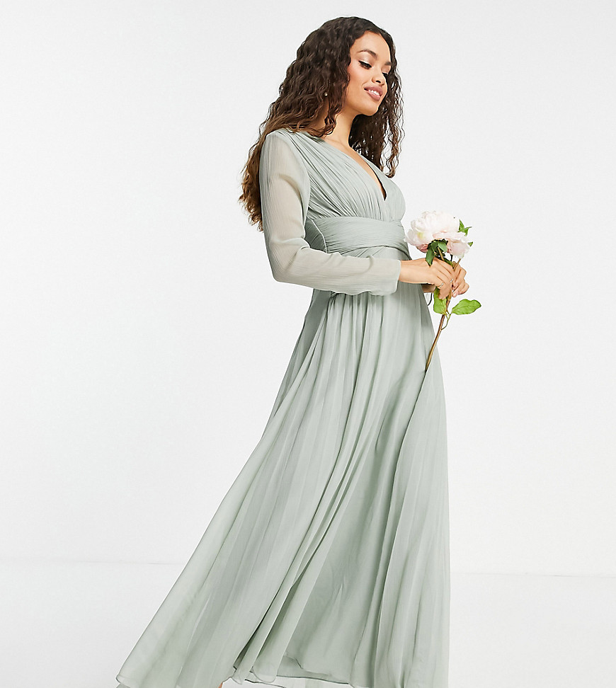 Asos Design Petite Bridesmaid Ruched Waist Maxi Dress With Long Sleeves And Pleat Skirt In Olive-Green