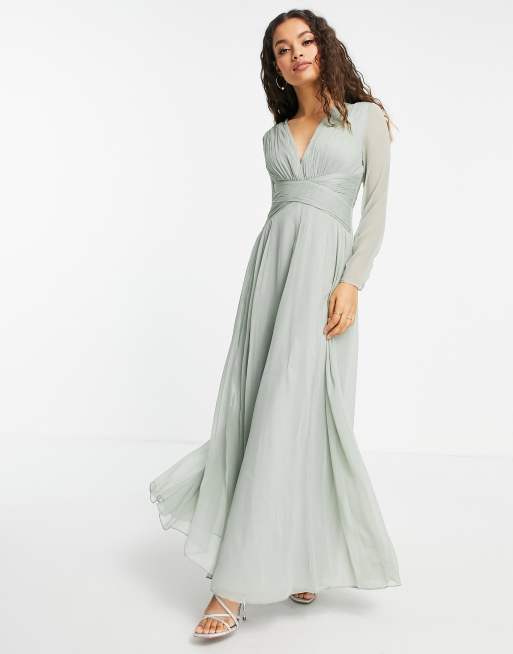 ASOS DESIGN Petite Bridesmaid ruched waist maxi dress with long sleeves and pleat skirt in olive