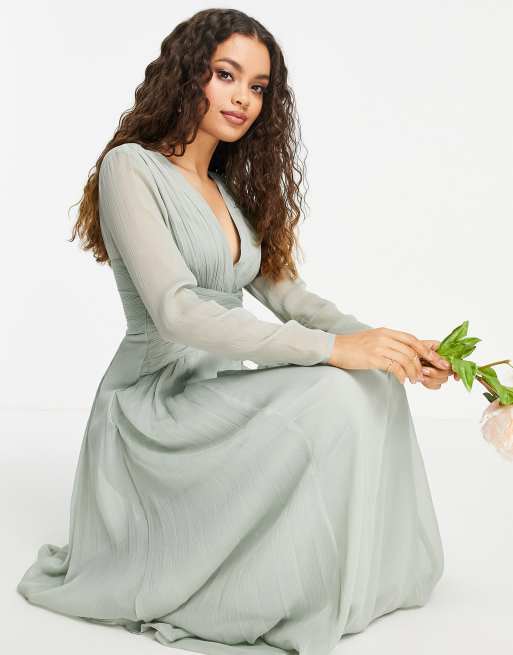 ASOS DESIGN Petite Bridesmaid ruched waist maxi dress with long sleeves and pleat skirt in olive