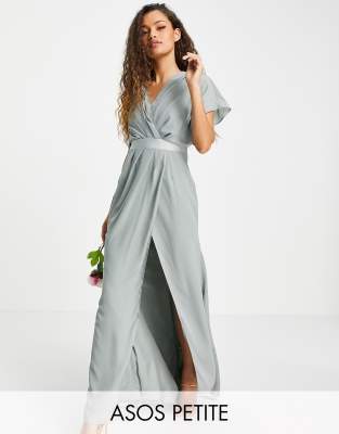 ASOS DESIGN Petite Bridesmaid short sleeved cowl front maxi dress with  button back detail in olive