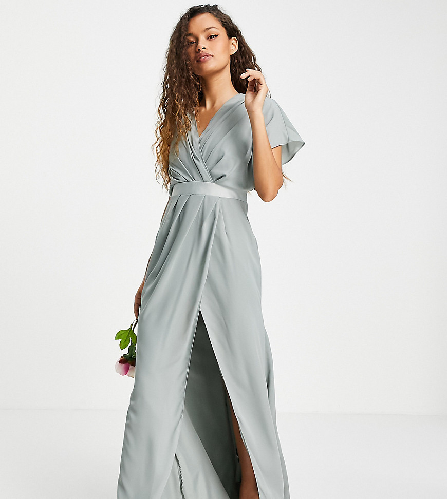 ASOS DESIGN Petite Bridesmaid short sleeved cowl front maxi dress with button back detail in olive-Green