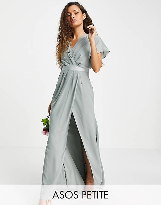 Women Petite Bridesmaid short sleeved cowl front maxi dress with button back detail in olive 
