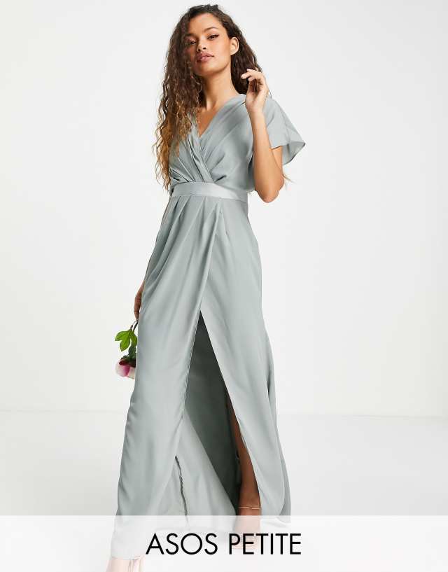 ASOS DESIGN Petite Bridesmaid short sleeved cowl front maxi dress with button back detail in olive