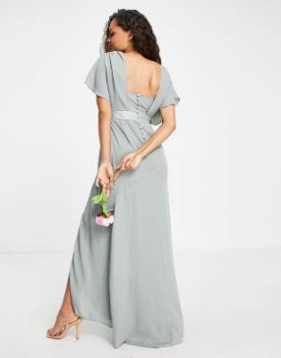 ASOS DESIGN Petite Bridesmaid short sleeved cowl front maxi dress with  button back detail in olive