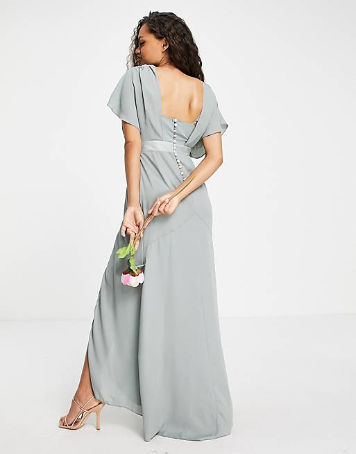 Women Petite Bridesmaid short sleeved cowl front maxi dress with button back detail in olive 
