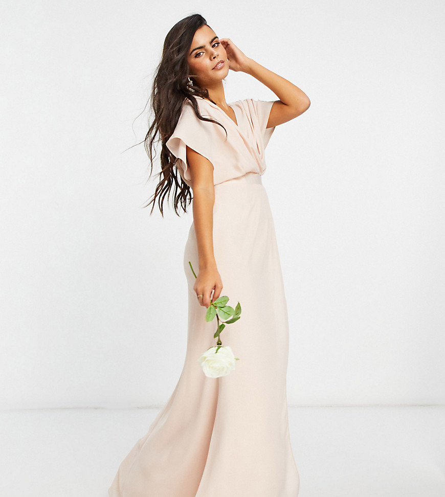 ASOS DESIGN Petite Bridesmaid short sleeved cowl front maxi dress with button back detail-Pink