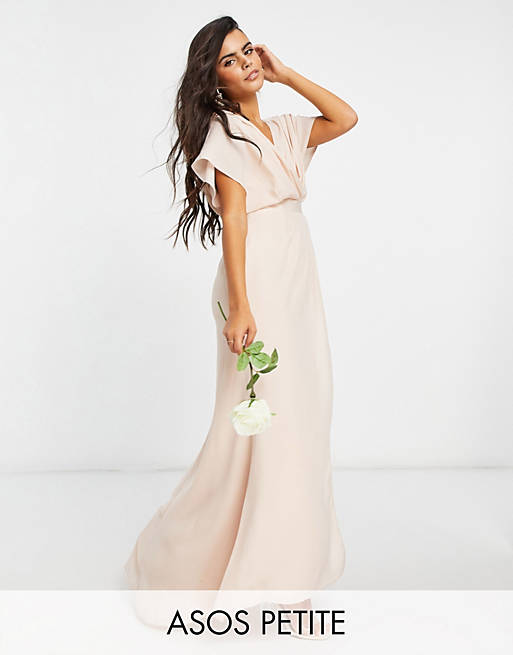 ASOS DESIGN Petite Bridesmaid short sleeved cowl front maxi dress with button back detail