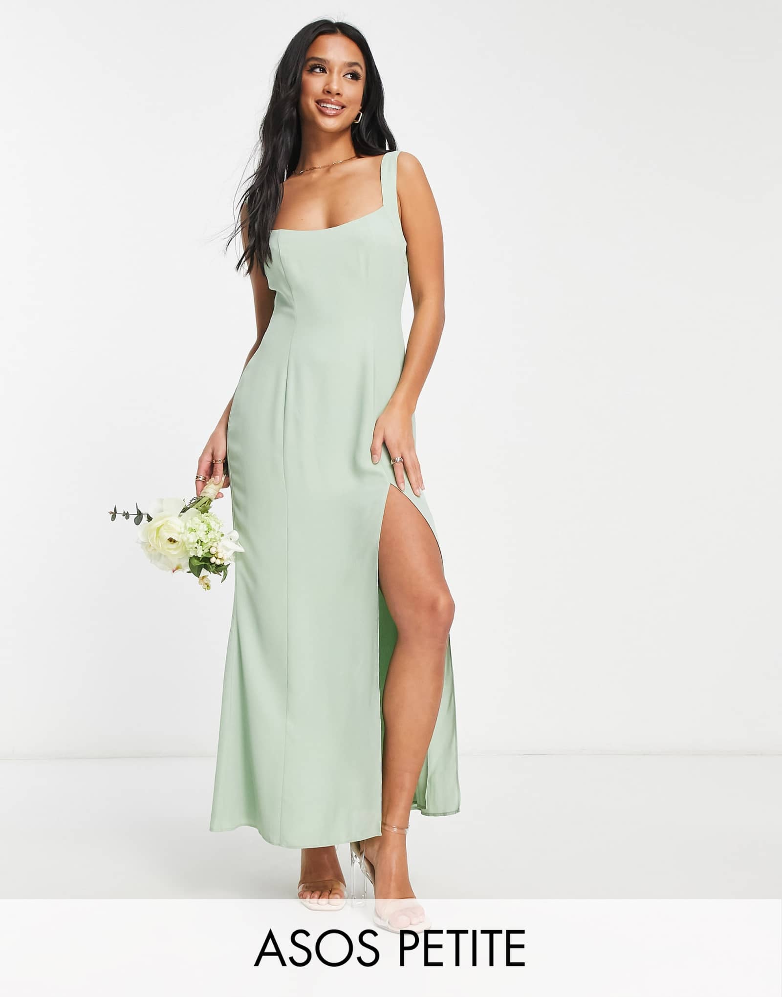 Макси-платье ASOS DESIGN Petite bridesmaid с милой отделкой сзади на пуговицах цвета шалфея
