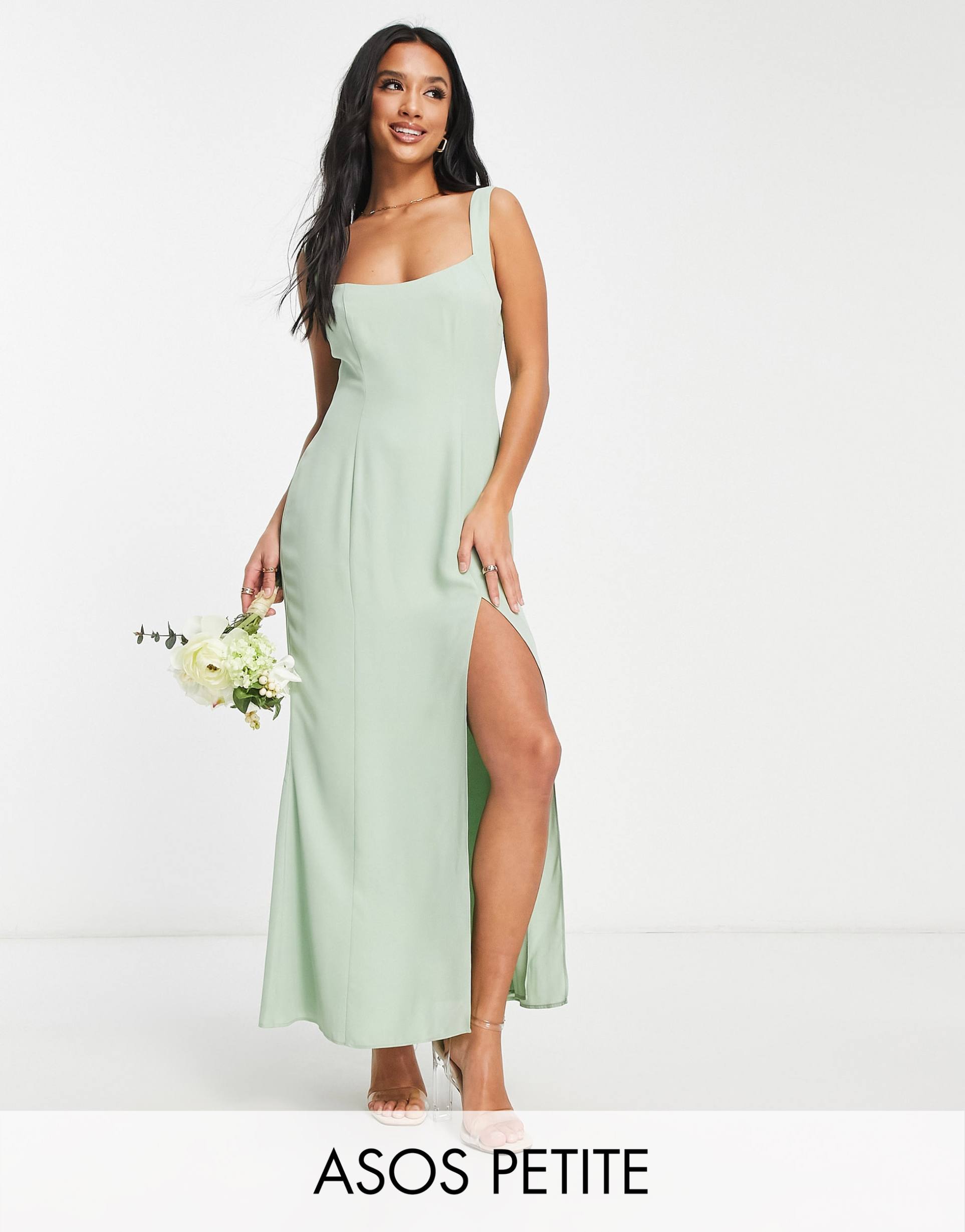 asos design petite bridesmaid sweetheart button back detail maxi dress in sage