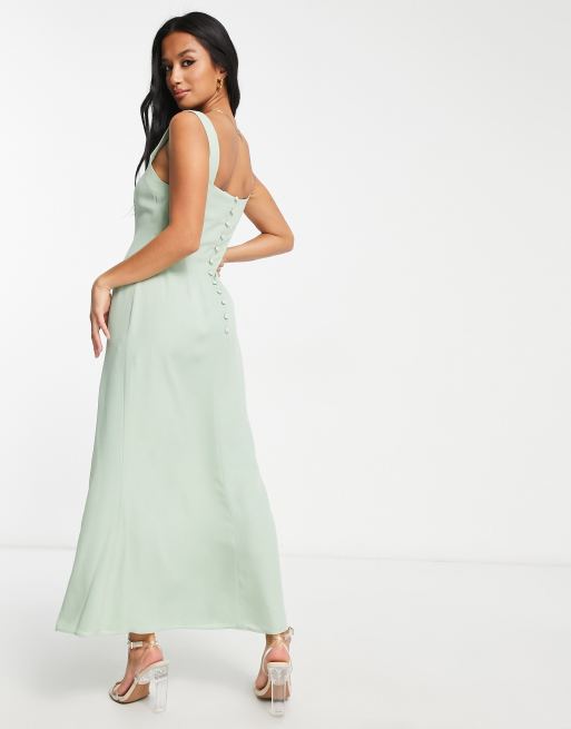 ASOS DESIGN Petite bridesmaid sweetheart button back detail maxi dress in sage, 2 of 4