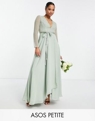ASOS DESIGN Petite Bridesmaids linear embellished bodice maxi dress with wrap skirt-Green