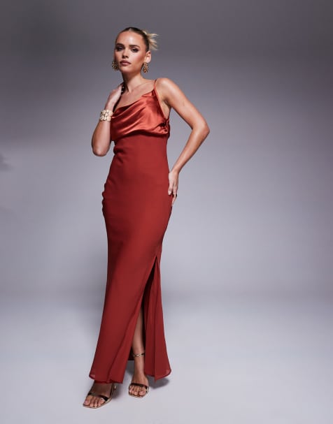 ASOS DESIGN Petite - Brændt rød oneshoulder-maxikjole med drapering i satin-/chiffonblanding - view 1