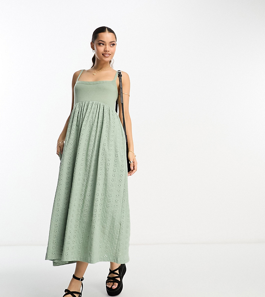ASOS DESIGN Petite broderie and knit mix strappy midi dress in khaki-Green