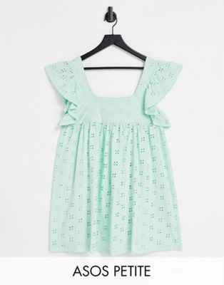 ASOS DESIGN Petite broderie babydoll mini dress with square neck and short frill sleeve in mint - ASOS Price Checker