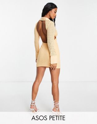 ASOS DESIGN Petite broderie backless mini shirt dress in apricot