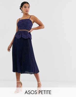 asos design broderie cami midi dress with pleated skirt