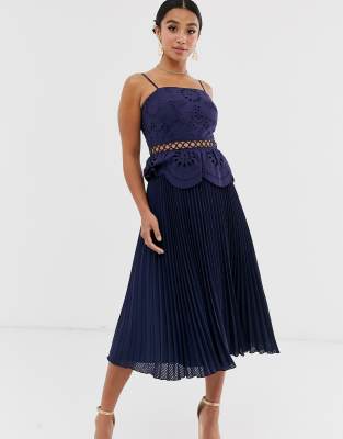 asos design broderie cami midi dress with pleated skirt