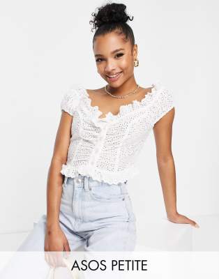 ASOS DESIGN Petite broderie corset button front top with frill neck in white