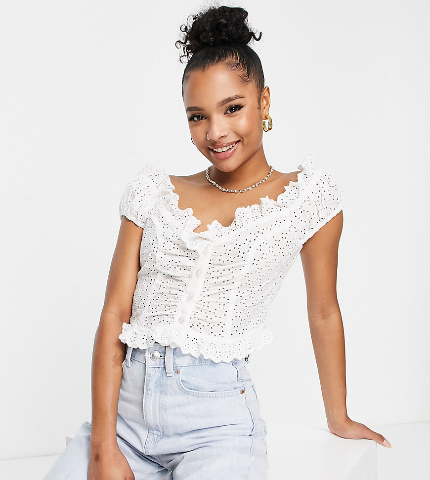 ASOS DESIGN Petite broderie corset button front top with frill neck in white