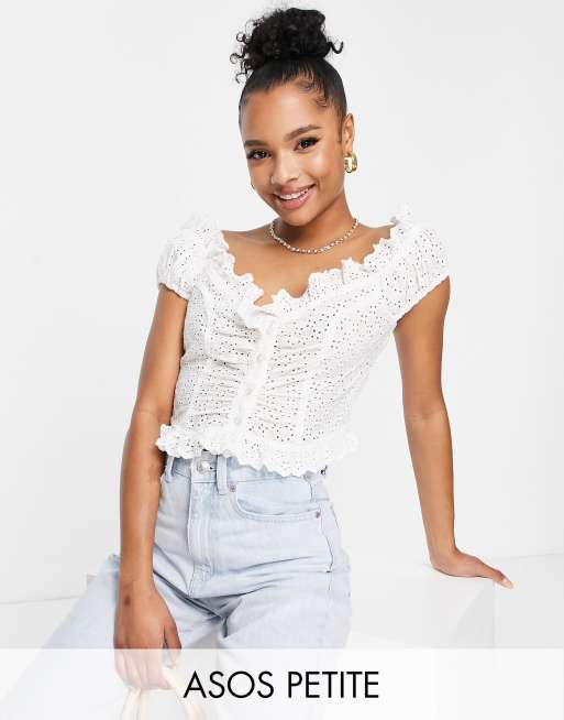 ASOS EDITION high neck crop top with cap sleeve in 3d floral lace in ivory