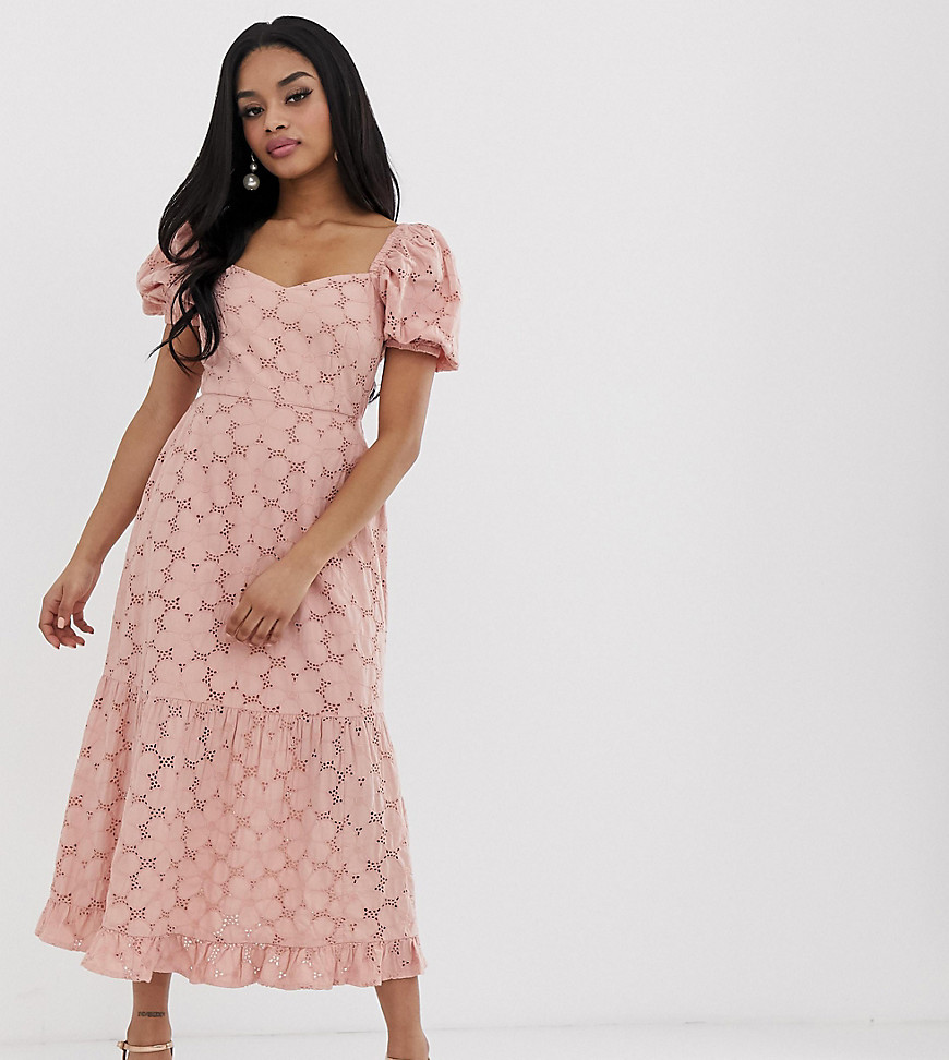 ASOS DESIGN Petite broderie maxi dress with sweetheart neckline and puff sleeves-Pink