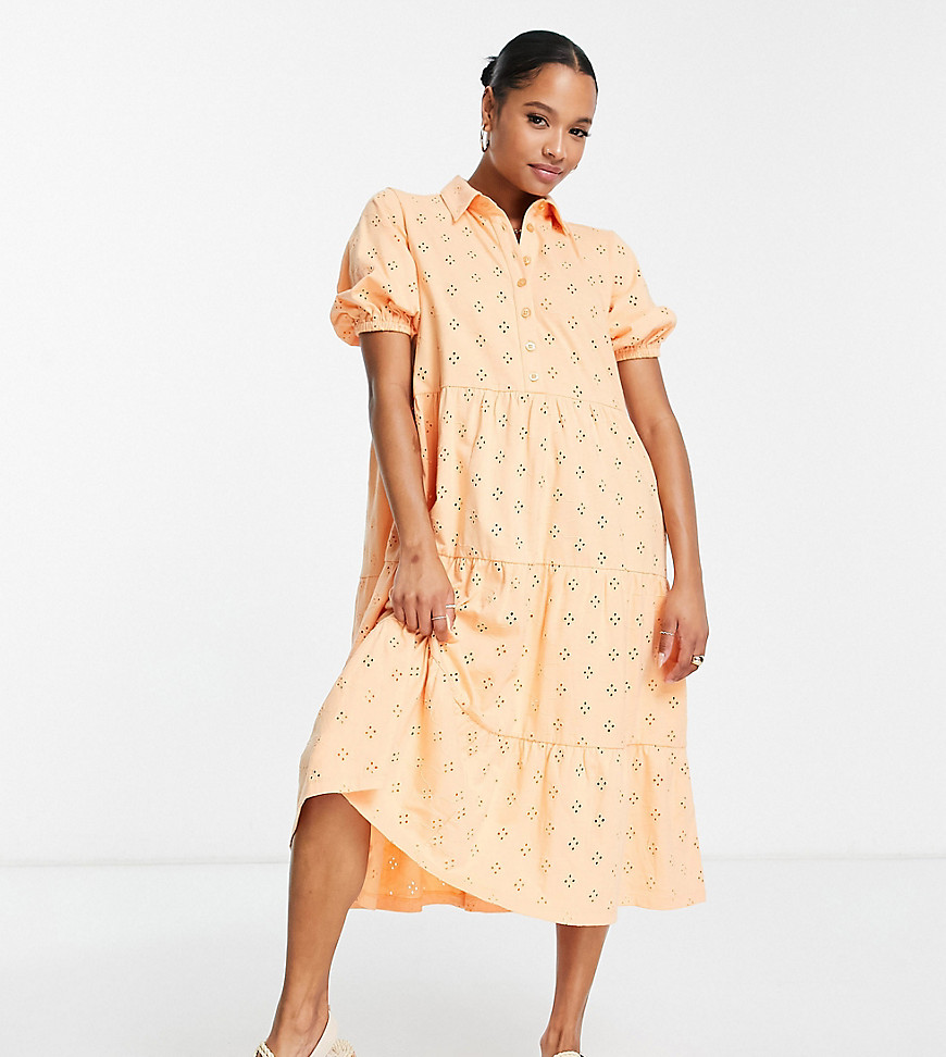 ASOS DESIGN Petite broderie midi tiered shirt dress with short sleeves in coral-Orange