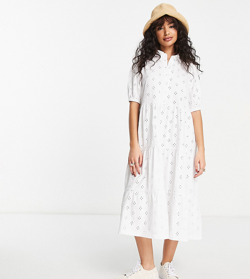 Asos Design Petite Broderie Midi Tiered Shirt Dress With Short Sleeves In White
