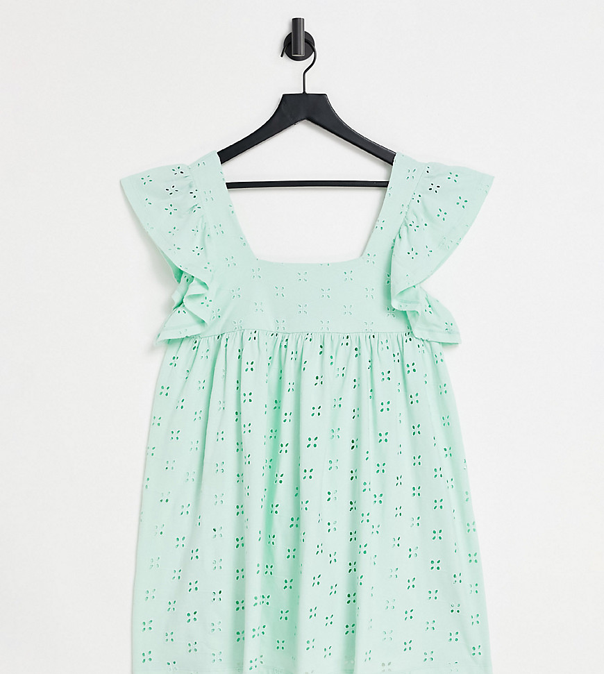 ASOS DESIGN Petite - Broderie mini jurk in babydollstijl met vierkante hals en korte mouwen met ruches in mint-Groen