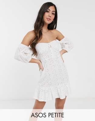 ASOS DESIGN Petite broderie off the shoulder cupped mini dress with tiered hem in white